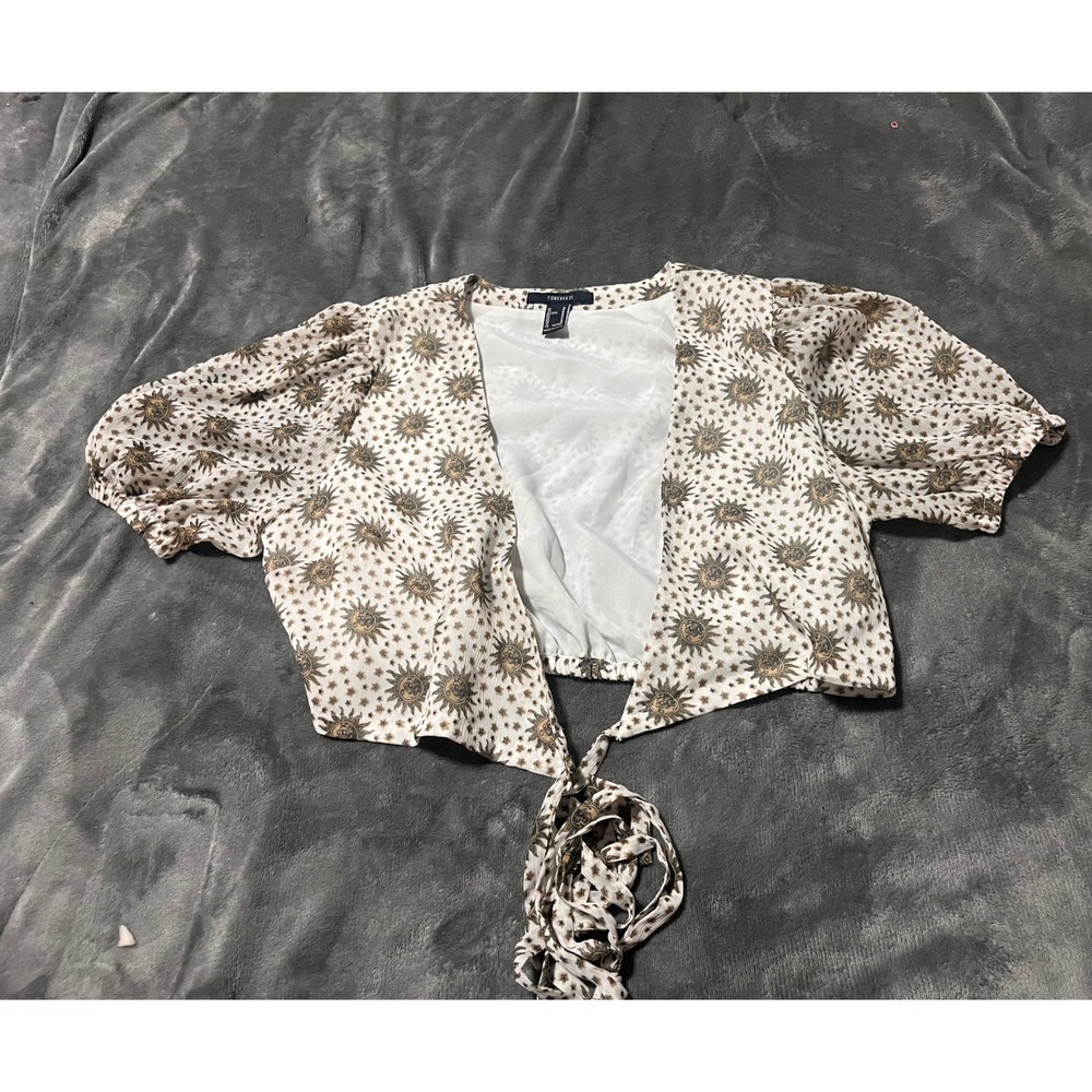 Forever 21 Celestial Sun Star Print Tie Front Crop Top Puff Sleeve Cream Medium